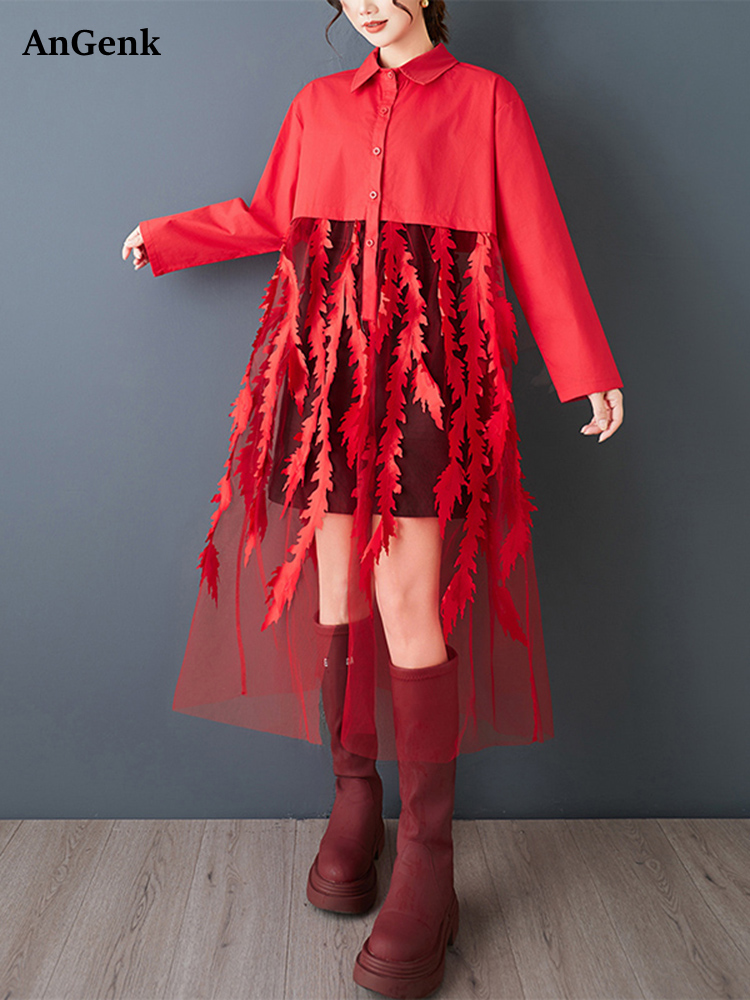Women'S Red Formal Wear - Mesh Patchwork Red Vintage Shirt Dresses
