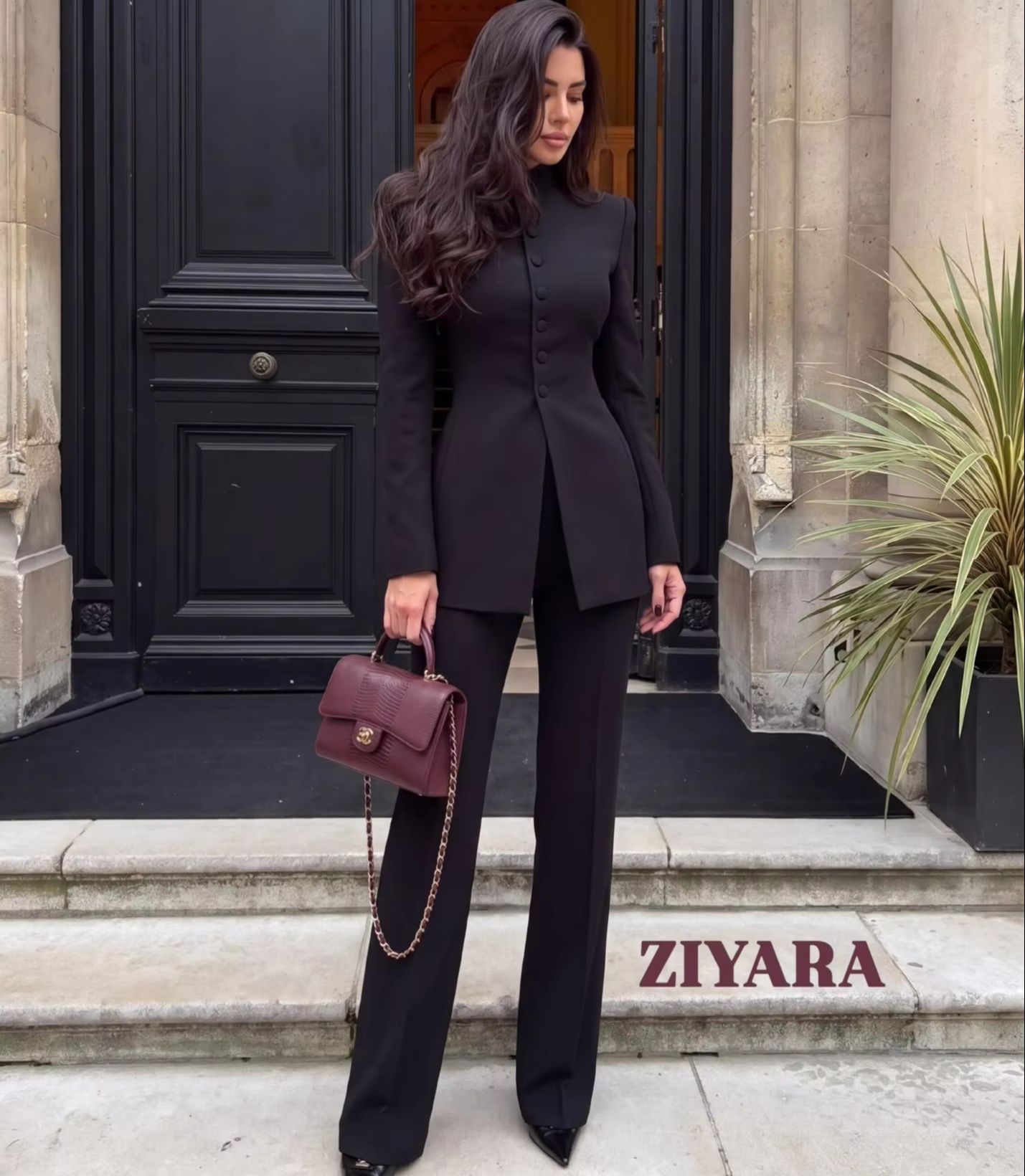 Womens Blazer - Women 2 Piece Suit Mandarin Collar