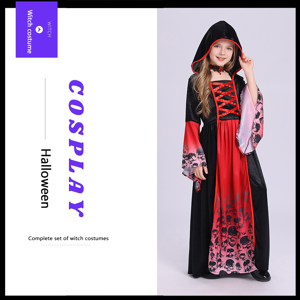 Women'S Red Formal Wear - Red Black Witch Costume Hooded Long