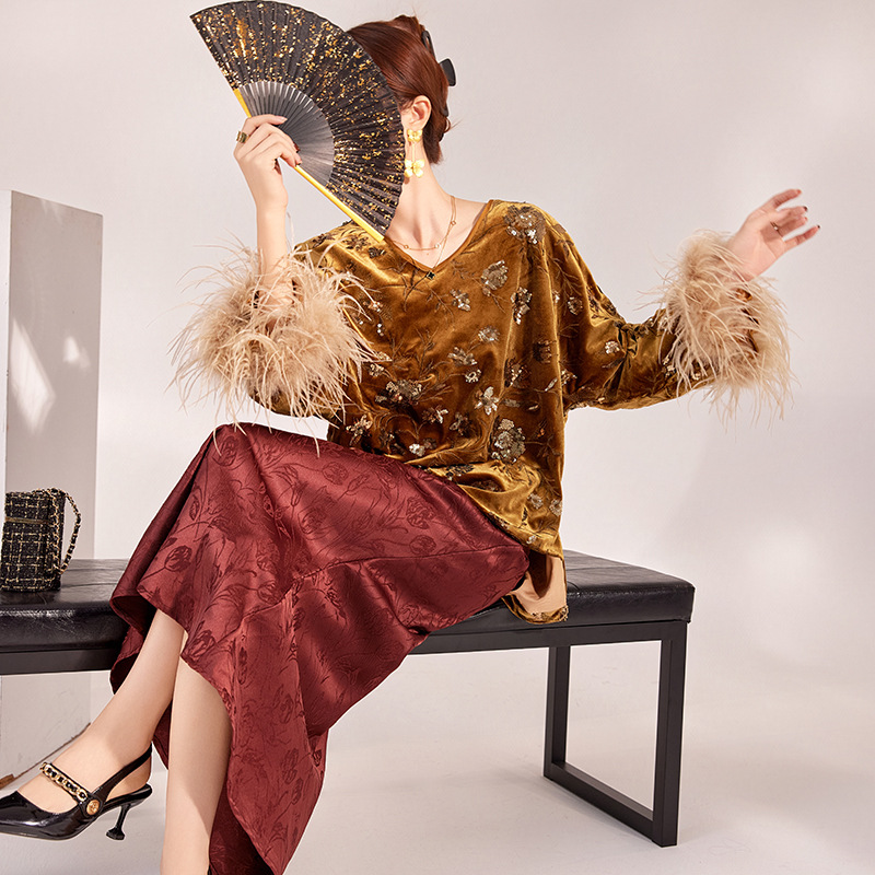 2025 Winter Feather Cuff Blous - Silk Blouse ulasan dan harga