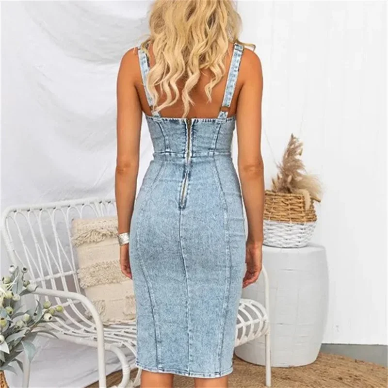 Vintage Slim Fit Denim Wrap Hi - Midi Dress ulasan dan harga