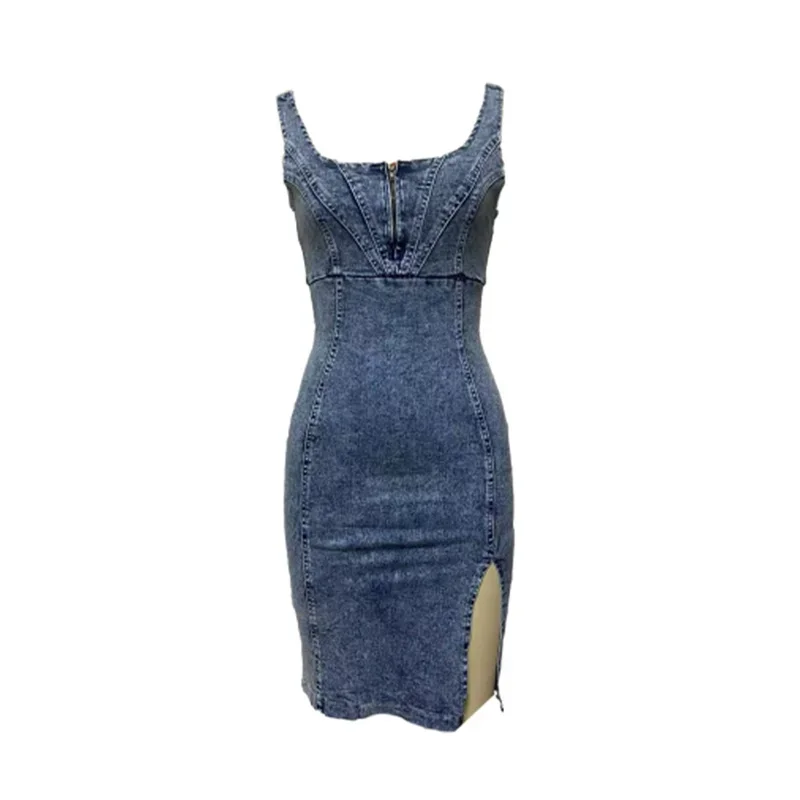 Vintage Slim Fit Denim Wrap Hi - Midi Dress ulasan dan harga