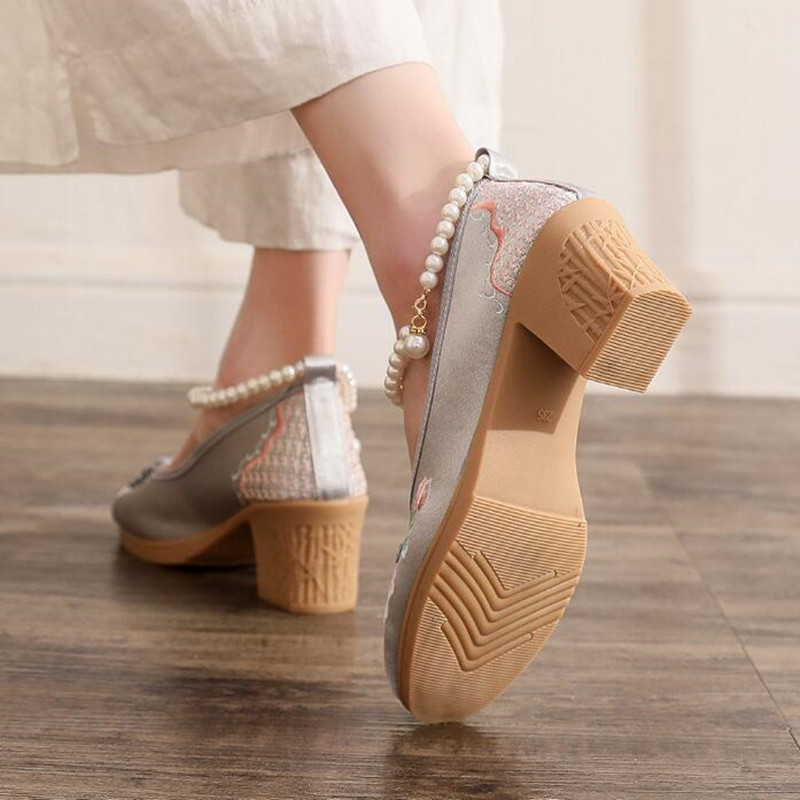 Women Vintage Pearls Ankle Str - Pump Heel Block ulasan dan harga