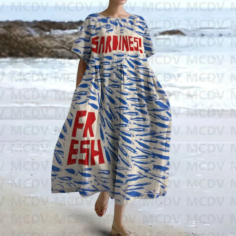 Japanese Vintage Fish Art Prin - Midi Dress ulasan dan harga
