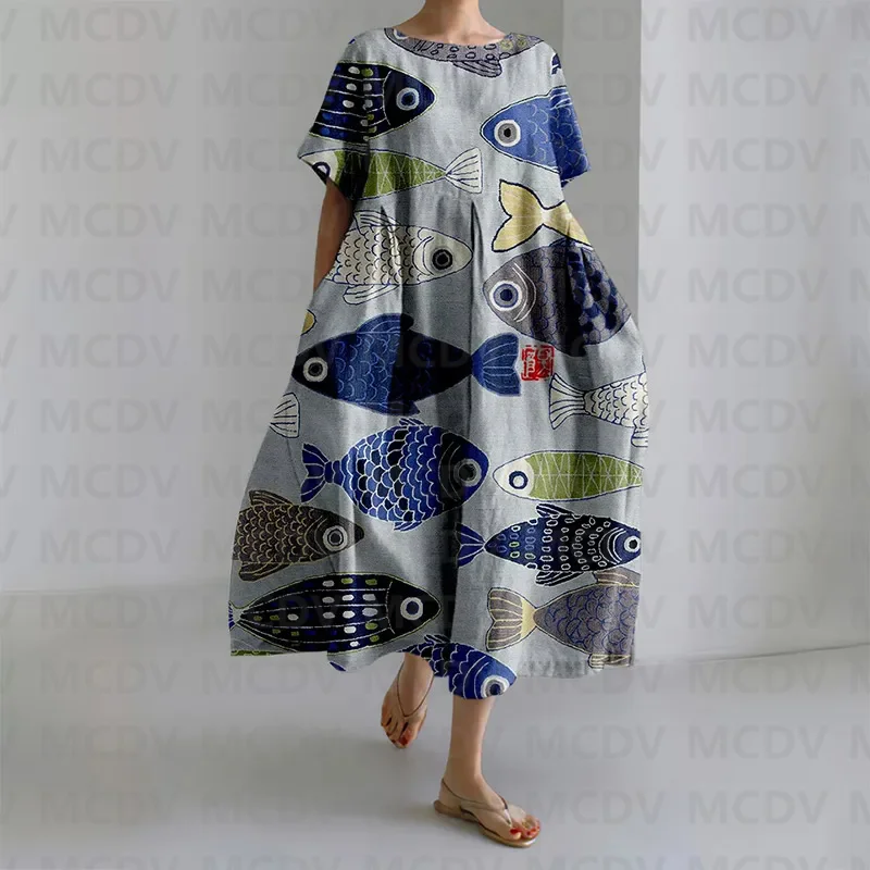 Japanese Vintage Fish Art Prin - Midi Dress ulasan dan harga