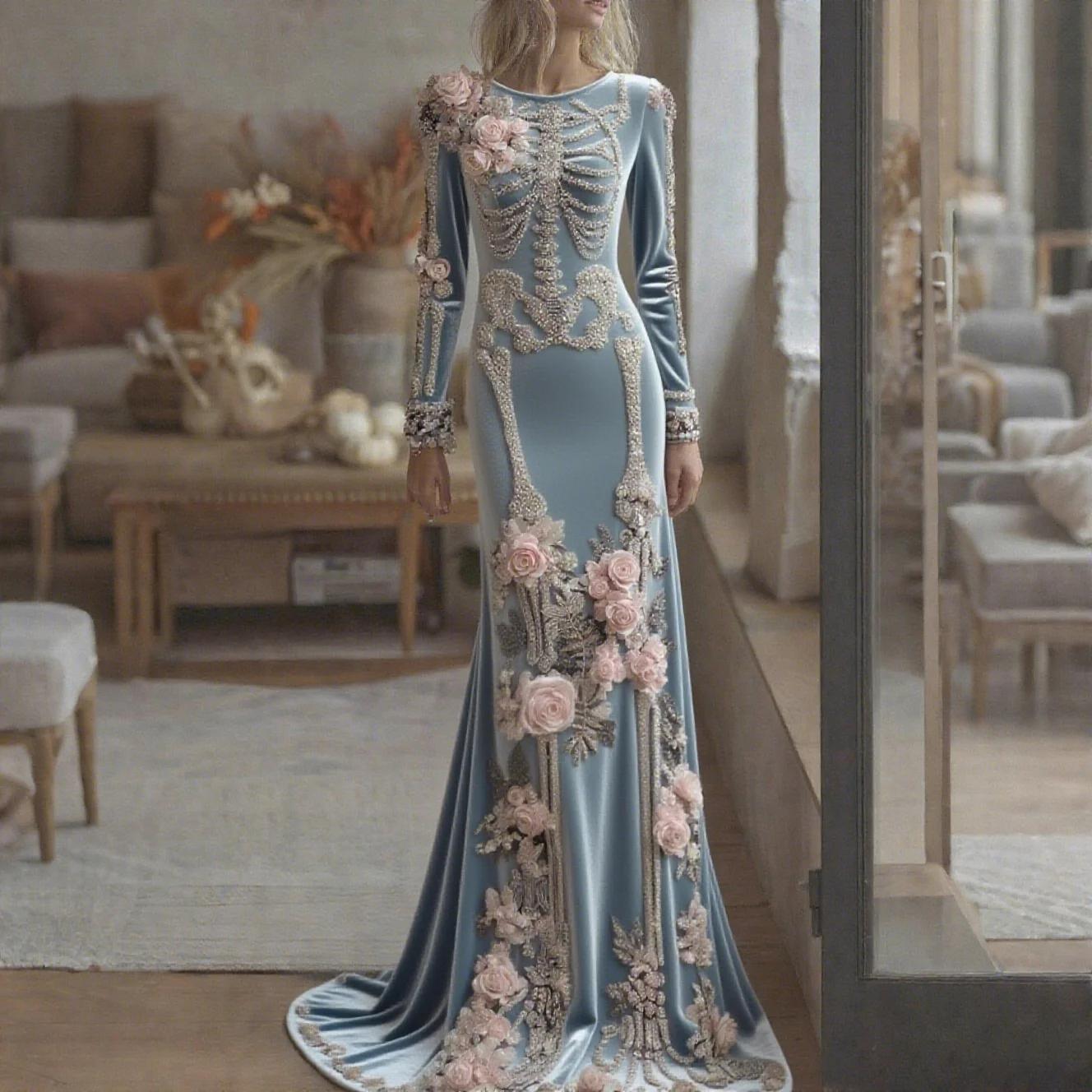 2026 New Women Skeleton Floral - Evening Gown ulasan dan harga
